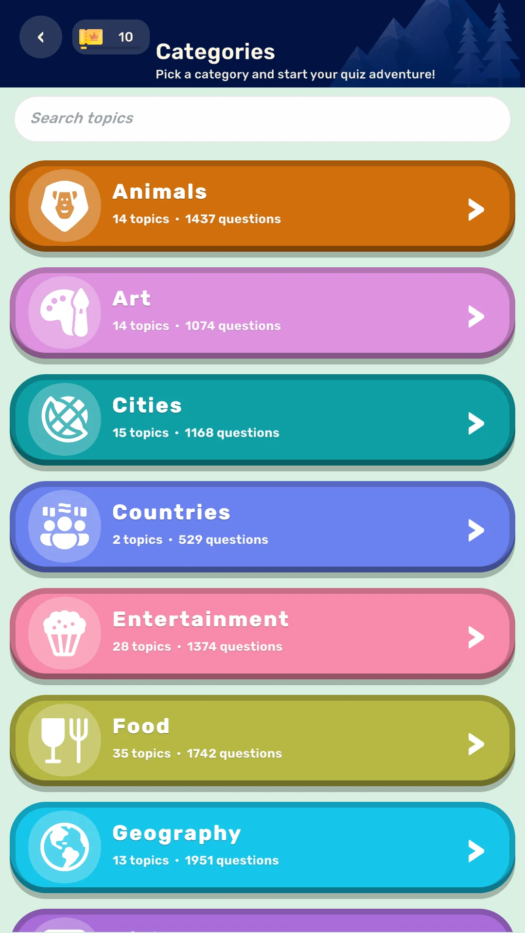 Categories browser full of colorful topics to play